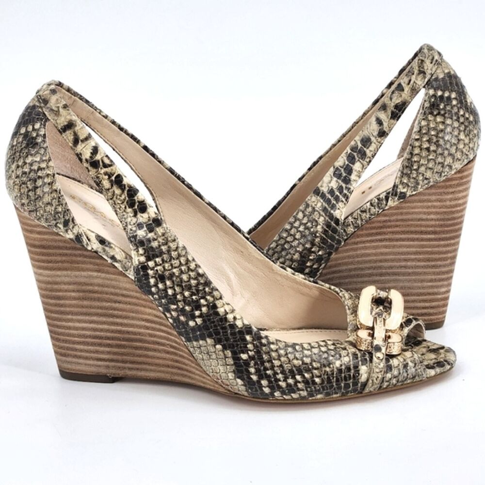 Coach Larchmont Natural Print Snake Wedge Women's Size 8 Leather Peep Toe Shoes